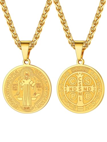 U7 Saint Benedict Medal Necklace for Men Women, Stainless Steel Catholic Round Medallion Pendant, Gold st Crucifix Religious Protection Cross Amulet Jewellery Gift for Faith Believers Christians