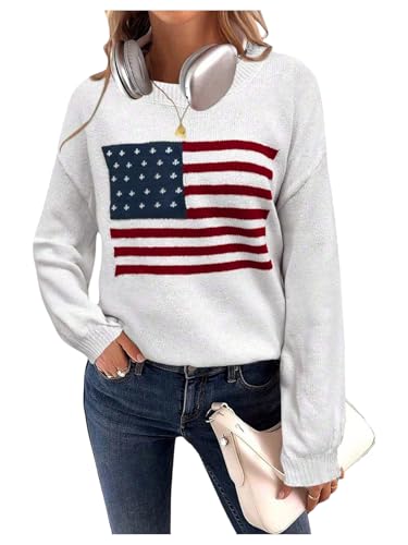 Floerns Girl's Flag Print Long Sleeve Sweater Crew Neck Knitted Casual Pullover Tops