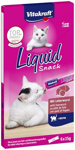 Vitakraft Liquid Snack, Katzen Leckerli, Katzensnack cremig, mit Leberwurst und Biotin, in einzelnen Sachets, für bessere Haut (1 Paket mit 6x 15g)