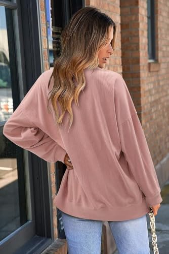 KISSMODA Womens Casual Long Sleeve Sweatshirts Color Block/Solid Tops Corduroy Crewneck Tunic Pullover with Pockets