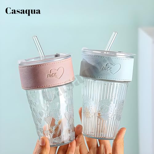 Image of Drinking Glass with Lids and Straw - 400ml, Set of 1, Fruit Juice Cups, Glass with Lids and Straws, Wide Neck, Coffee Glass for Coffee, Smoothie, Milkshake, Juice (Random Design, Multicolor)