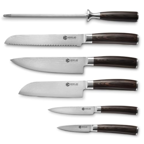 Image of HexClad Espresso 6 Piece Japanese Damascus Stainless Steel Blade Essential Knife Set, Full Tang Construction, Pakkawood Handle