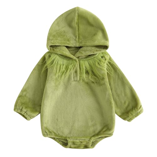 Sasaerucure Infant Baby Girl Boy Christmas Outfits Furry Grinch Onesie Newborn Baby Long Sleeve Hooded Romper Clothes (Green, 9-12 Months)