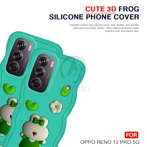 Image of AESTMO Back Case Cover for Oppo Reno 12 Pro 5G | 3D Cute Fun Cartoon Characters | Anti Slip Grip Cute Wave Curly Frame Shape | Full Body Protection Back Cover for Oppo Reno 12 Pro 5G|(Mint Green)