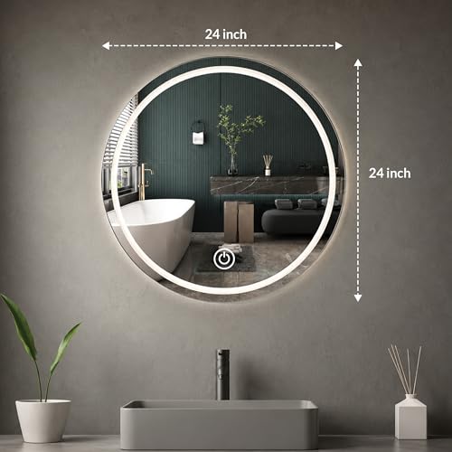 Image of Art Street Round LED Bathroom Vanity Mirror, Anti-Lighted Wall Mirror with Touch Control, Dimmable Backlit Mirror for Bathroom, Makeup, Bedroom & Modern Home Decor (Size, 24x24 Inch)