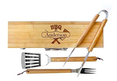 Product Image of the Barbecue Grill Accessories Set with Personalized Wooden BBQ Tools Holder (Knives) for Dad, Husband - Grill Tool Set for Men