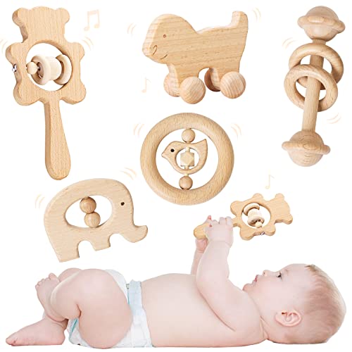 Image of Promise Babe Natural Wooden Rattles Gym Intellectual Puzzle Toys 5pc Set Montessori Toys for Baby Boys Girls
