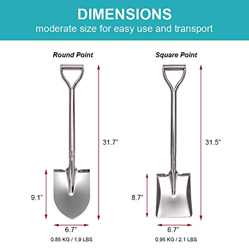 LUBAN Schaufel aus Edelstahl, Länge:80, Rund Schaufel aus Metall mit mit D-Griff, rostfreie Spatenschaufel mit spitz zulaufendem Blatt, für Gartenarbeit, Camping, Transplantation