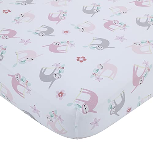 Image of Little Love by NoJo Tropical Garden Pink, Grey, and White Sloth Super Soft Fitted Crib Sheet