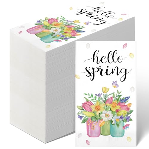 Tatuo 100 Pack Spring Guest Napkins Flowers Guest Napkins Mason Jar Paper Napkin Hello Spring Disposable Hand Towels Decorative Hand Paper Towel for Kitchen Bathroom Party Dinner 13 X16 Inch