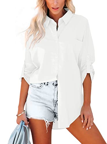 Homlan Bluse Damen Baumwolle Langarm Roll Up Elegant Oberteile Lässige Hemden Knöpfleiste Einfarbig Langarmshirt Tunika Hemdbluse Mit Brusttaschen...