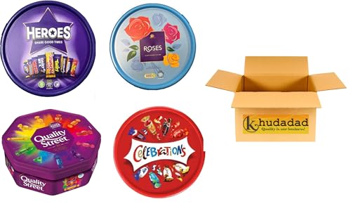 Image of 4x Chocolate Tubs Gift Set | Celebrations, Roses, Heroes, Quality Street | Sharing Selection for Christmas, Birthdays & Parties | 550g Each
