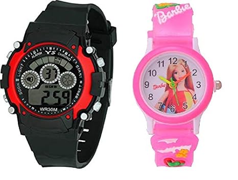 SWADESI STUFF KIDS FASHION WATCH COLLECTION Analog-Digital Girls Watch (Multicolored Dial, Black & Pink Colored Strap) (Pack of 2)