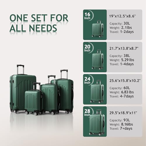 Luggage Suitcase Luggage 4 Piece Set Suitcase Lightweight,16in 20in 24in 28in Carry On Suitcases, Luggage Set with Wheels - Retro Green2