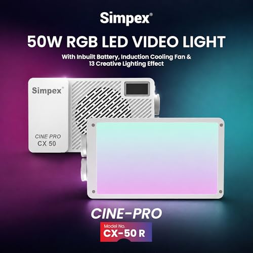 Image of Simpex CX 50R 50W RGB LED Video Light, 360 HUE, 2700K-7500K Bi-Color, 1-100% Dimmable, 13 FX Modes, 3200mAh Battery, OLED Display, Tripod & Diffuser