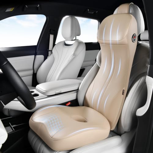 Image of Coverado Car Seat Cushion and Integrated Neck Pillow Lumbar Support Kit, Ergonomic Lumbar Support Pillow for Car, Soft Leather Memory Foam Car Seat Cushion for Sciatica & Back Pain Relief, Beige