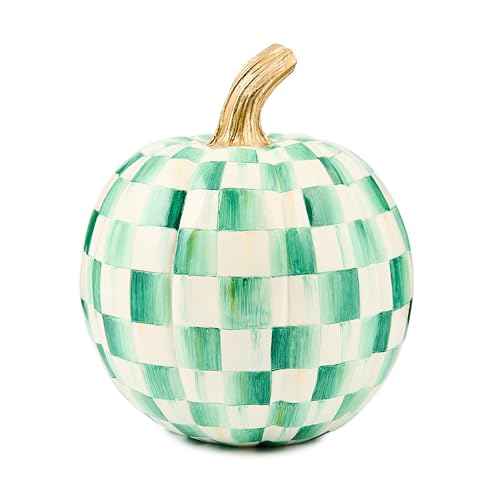 Image of MACKENZIE-CHILDS Pumpkin, Resin Halloween and Fall Decor, Small, Green-and-White Emerald Check