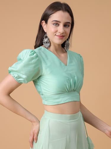 Image of Frolic Rolic Premium Silk V-Neck Blouse Readymade Saree Blouse - Designer Puff Sleeve Blouse for Wedding