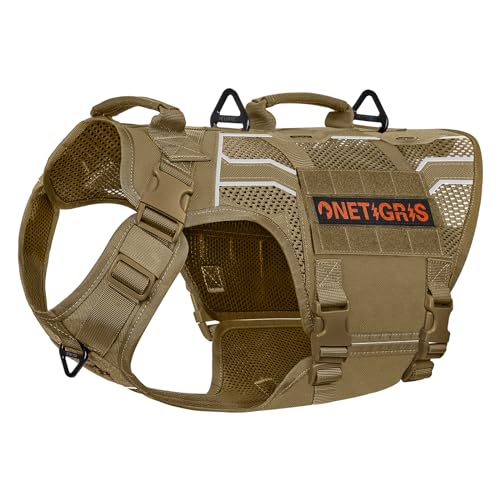 OneTigris Hundegeschirr, AIRE Armor Mesh Einstellbar Sicherheitsgeschirr mit 2 Griffe und 3 D-Ringen No-Pull Brustgeschirr Reflektierend Atmungsaktiv für Große/Mittlere Hunde - Braun XL