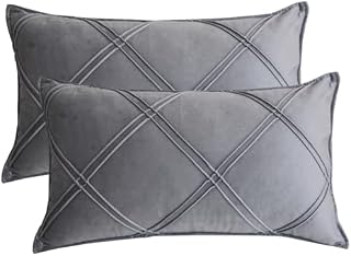 Lutanky Light Grey Velvet Cushion Covers Decorative Rectangle Throw Pillow Covers Checked Design Elegant Pillowcases for Sofa Bed Living Room 12x20 Inch 30 x 50 cm Set of 2
