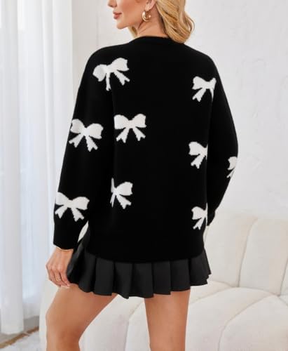 Bow Sweater Women Long Sleeve Crewneck Cute Sweaters Casual Vintage Sweater with Bow Winter Oversized Sweaters4