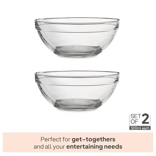 Image of CELLO Zenith Set of 2 Pcs Round Serving Glass Bowl for Kitchen 500 ml, Transparent | Microwave Oven & Dishwasher Safe, Freezer & Fridge Safe, Leadfree Toughened Crystal Glass Bowl for Serving Mixing
