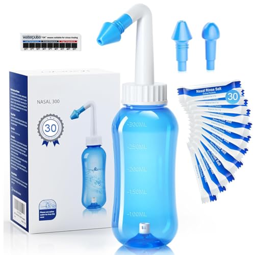 Ctoby Nasal Wash Bottle 300 ml Pressure Sinus Rinse with 30 Salt Packets Sticker Thermometer 2 Water Discharge Modes Neti Pot Sinus Rinse Bottle Nose Cleaner for Adults & Kids