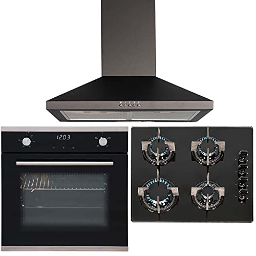 SIA 60cm Black Touch Control Single Fan Oven, 4 Burner Gas Hob & Chimney Hood