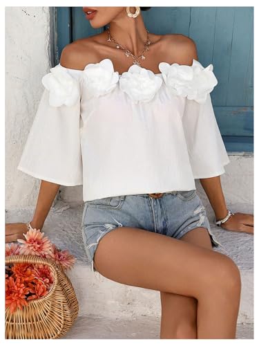 SHENHE Women's Off Shoulder 3D Flower Rosette Half Sleeve Blouse Summer Going Out Top4