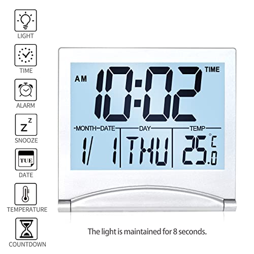Betus Digital Travel Alarm Clock With White Backlight - Foldable Calendar Temperature Timer Lcd Clock With Snooze Mode - Large Number Display, Battery Operated - Compact Desk Clock For All Ages #TOP1