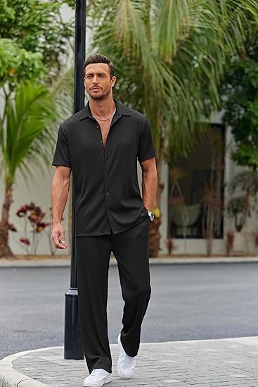 Image of CHKOKKO Men Training Suit Solid Polyester Summer Co-Ord Set With Polo Neck