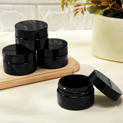 Image of Patelai 4 Pcs Plastic Jars Wide Mouth with Lids,1 Ounce,Pure Black | Travel Size for Creams Oils, Clear Round Storage Cosmetics Containers, Leak Proof Screw on Lids for Makeup Beauty DIY
