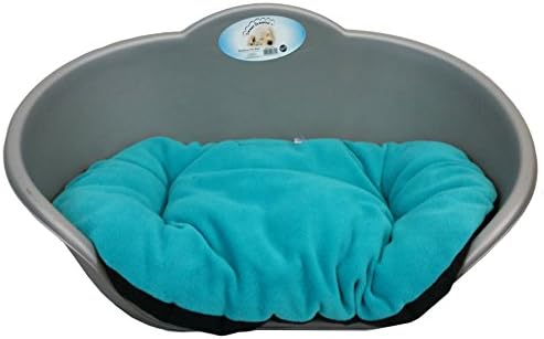 DOG BED GREY PLASTIC WITH TEAL CUSHION /MEDIUM HEAVY DUTY PET BED - DOG/CAT/ANIMAL/SLEEP/BASKET