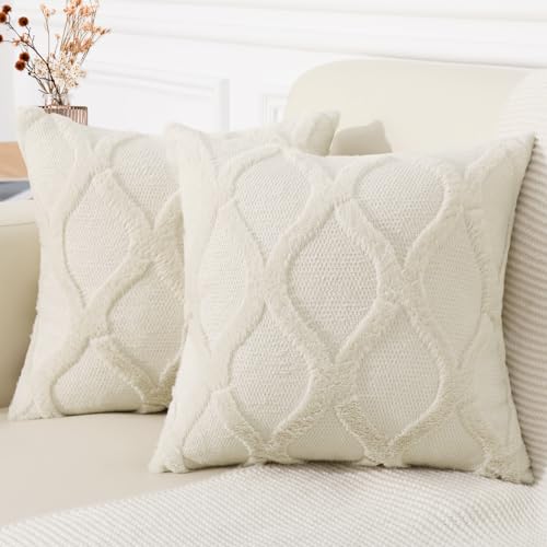 decorUhome Throw Pillow Covers 26x26 Inch Set of 2, Soft Plush Faux Fur Wool Beige Couch Pillow Covers, Decorative Neutral Pillow Cases for Bed Sofa Living Room Home Decor