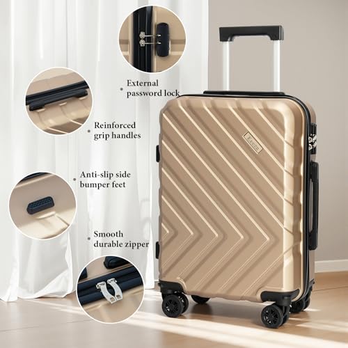 Image of 3 piece Carry on luggage 22x14x9 airline approved, Champagne | Removable Spinner Wheels ABS Hard Case TSA, combination lock(20 inch /DB /TB)