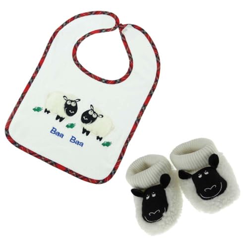 Clans of scotland Baby Bib and Bootees 12-18 Months - Scottie Sheep design - Boys & Girls - Celebration Gift set Newborn, Infants, Toddlers Cotton Soft Shoes and bib set