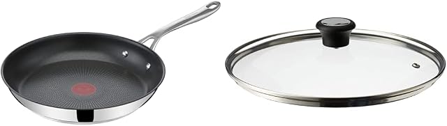 Tefal Jamie Oliver Cook's Direct Stainless Steel Frying Pan, 28 cm, Non-Stick Coating, Heat Indicator, Riveted Safe-Grip Handle & 28097712 Compatible Glass Lid, Steam Vent, 28 cm