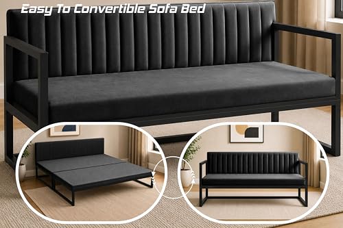 Image of Metal Sofa Cum Bed for Living Room | Modern Industrial Design Metal Frame 3 Seater Sofa Bed for Home, Office & Lounge-Black