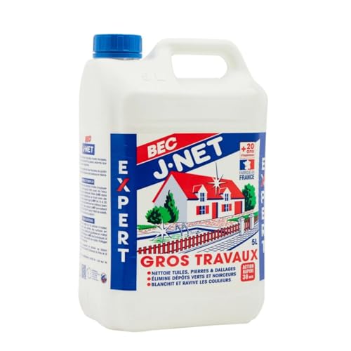 Nettoyant J-net Bec Gros Travaux 5l - Détruit dépôts vert & noirceurs - Nettoyant Puissant multi-surface - Redonne aux façades, toitures, sols leurs état...