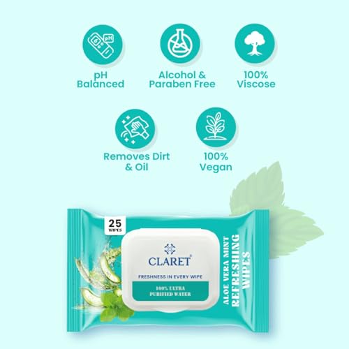 Image of Claret Refreshing Wet Wipes With Aloe Vera & Mint For Face & Body | 25 Pulls | 100% Ultra Purified Water | pH Balanced & Alcohol-Free (Pack of 6)