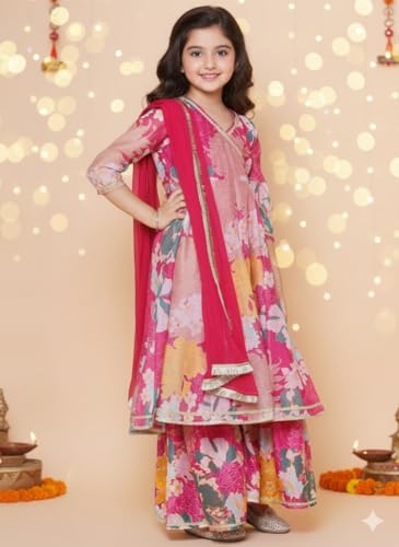 Naixa Girls Rayon Fabric Floral Printed 3/4 Sleeve Sharara Dress Set For All Occasion salwar suit