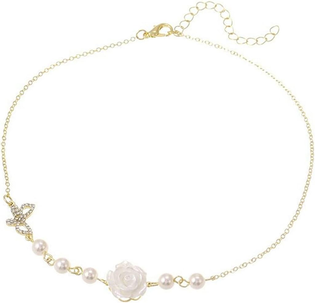 Jewels GalaxyGold Plated Pearl Studded Rose and Butterfly themed Necklace (CT-NCK-44317)