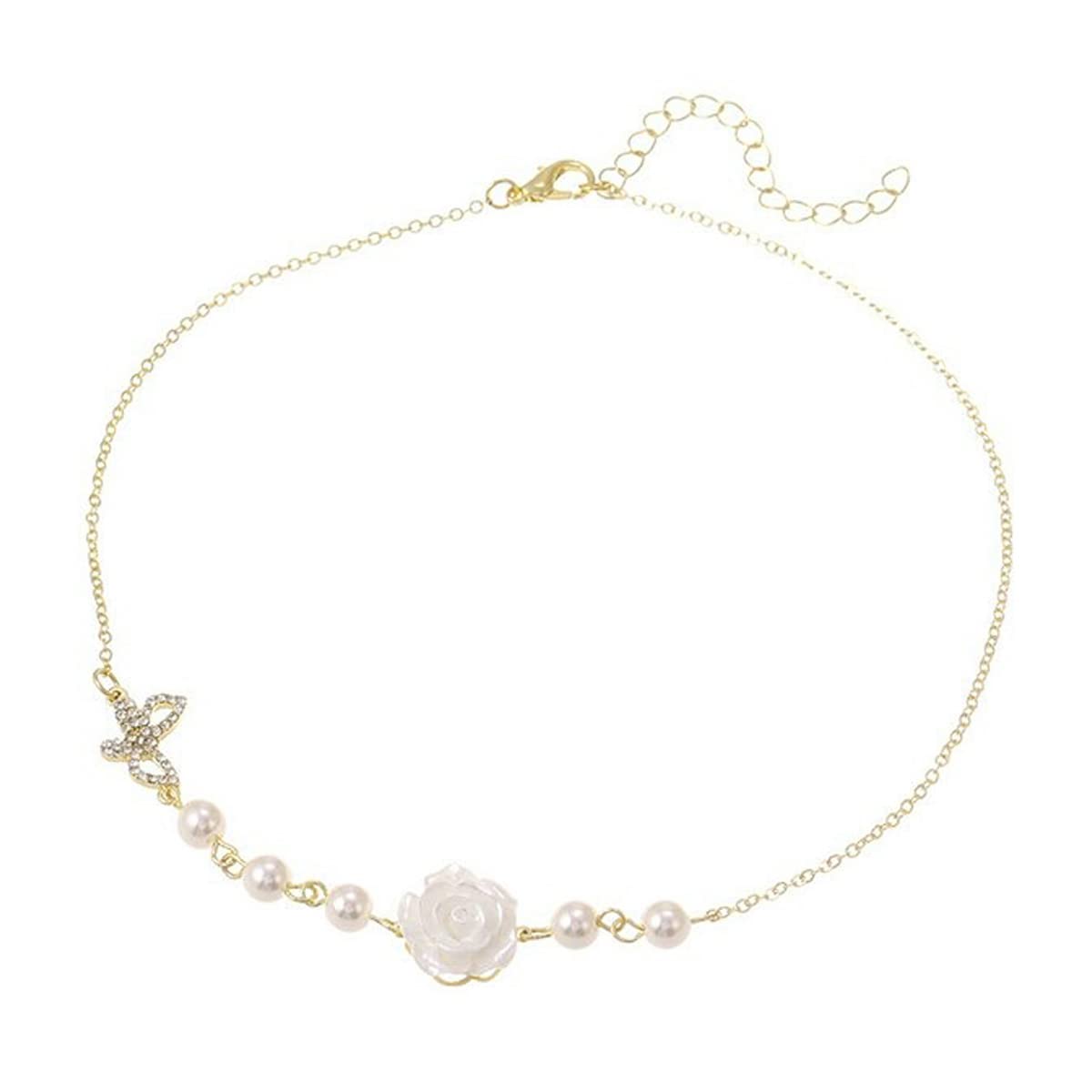 Jewels GalaxyGold Plated Pearl Studded Rose and Butterfly themed Necklace (CT-NCK-44317)