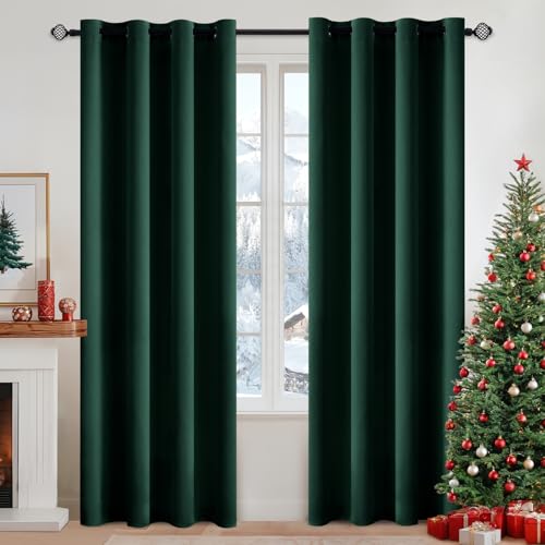 MIULEE Christmas Dark Green Blackout Curtains for Bedroom Living Room Thermal Insulated Room Darkening Grommet Top Solid Light Blocking Drapery Set of 2 Window Panels 52 x 72 Inches Hunter Green