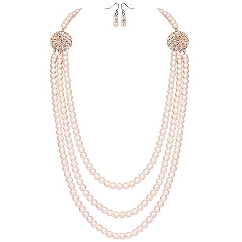 BABEYOND 1920s Gatsby Pearl Necklace Vintage Bridal Pearl Necklace Earrings Jewelry Set Multilayer Imitation Pearl Necklace with Brooch (Style2-Rose Gold)