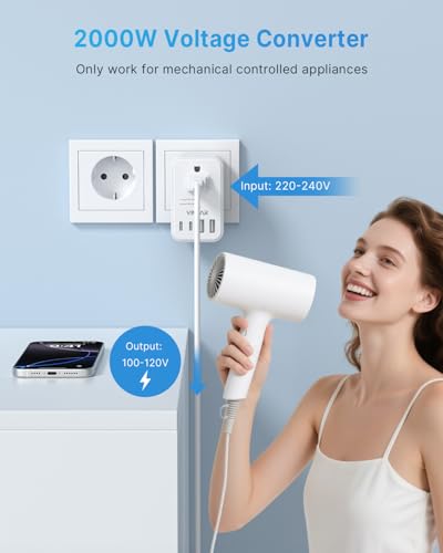 220V to 110V Travel Voltage Converter US to Europe, VINTAR 2000W Foldable European Travel Plug Adapter with 4 USB (2 USB C), Converter for European Travel for Hair Dryer Straightener Curling Iron3