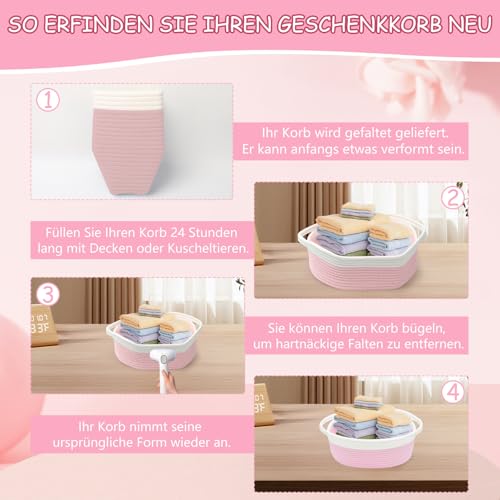 Geschenkkorb Leer, Aufbewahrungskorb, Geflochten Korb für Geschenke mit Geschenktüten und Bändern, Präsentkorb Leer für Geburtstag, Hochzeit, Babyparty, Erntedank, Weihnachten (Rosa und Weiß)