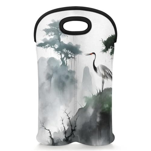 GzLeyigou 2 Bottles Pine Wine Bag Sleeve Totes Crane Neoprene Protective Wine Carrier Bag for Wine,Water, Champagne, Beer, Baby Bottles,Gift 14.5 x 10 Inches