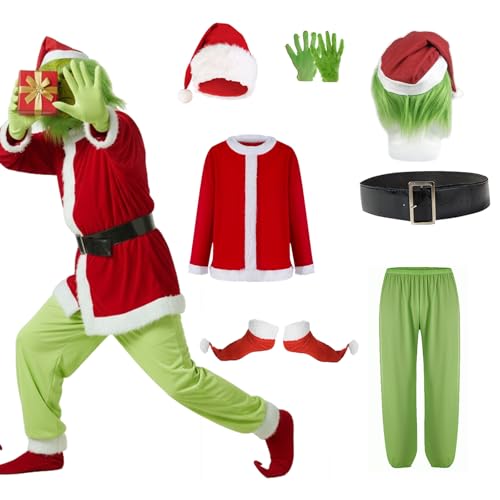 Aoibox 7PCS Green Monster Santa Adult Costume Christmas Costume Set, Santa Claus Outfit - Mask Included,L