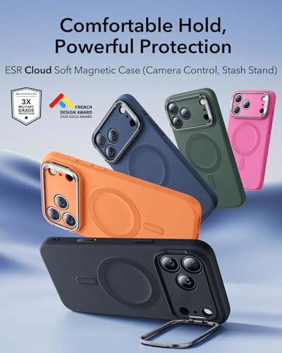 Image of ESR Silicone Case for iPhone 17 Pro, Built-in Camera Stash Stand Compatible with MagSafe, Military-Grade Drop Protection Magnetic Phone Case for iPhone 17 Pro, Cloud Series, Black
